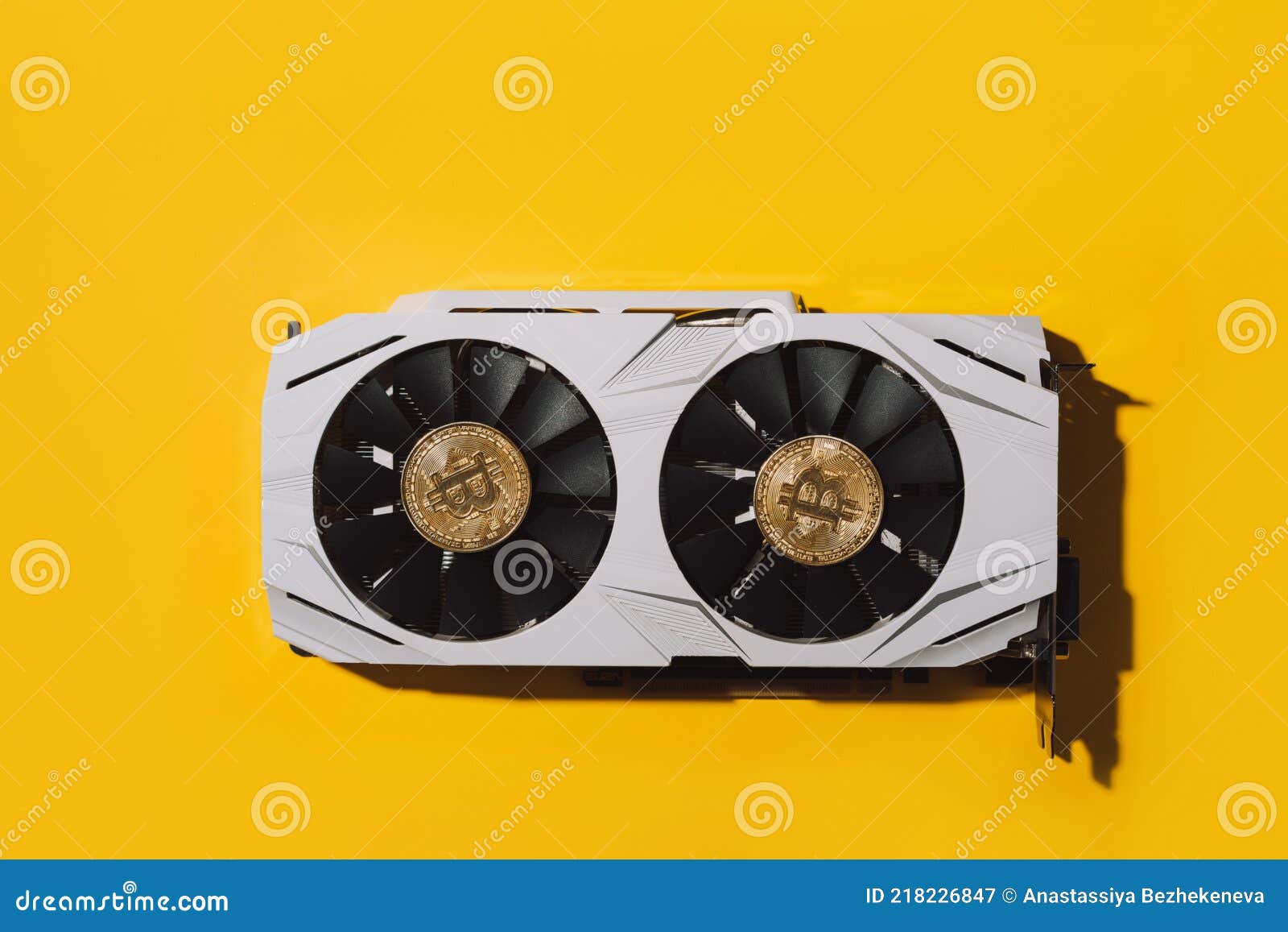 There are Two Bitcoins on the Video Card on Yellow Background.  Cryptocurrency Mining Concept Stock Image - Image of golden, bank: 218226847