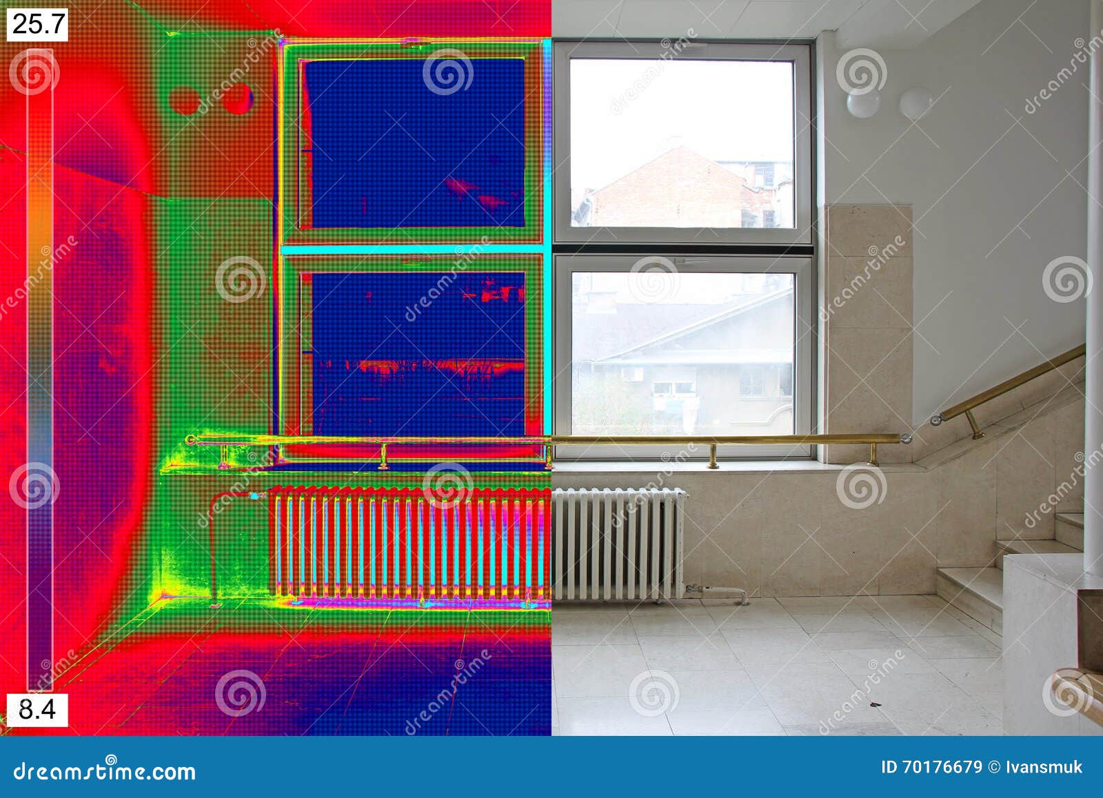 thermal and real image of radiator heater and a window on a buil