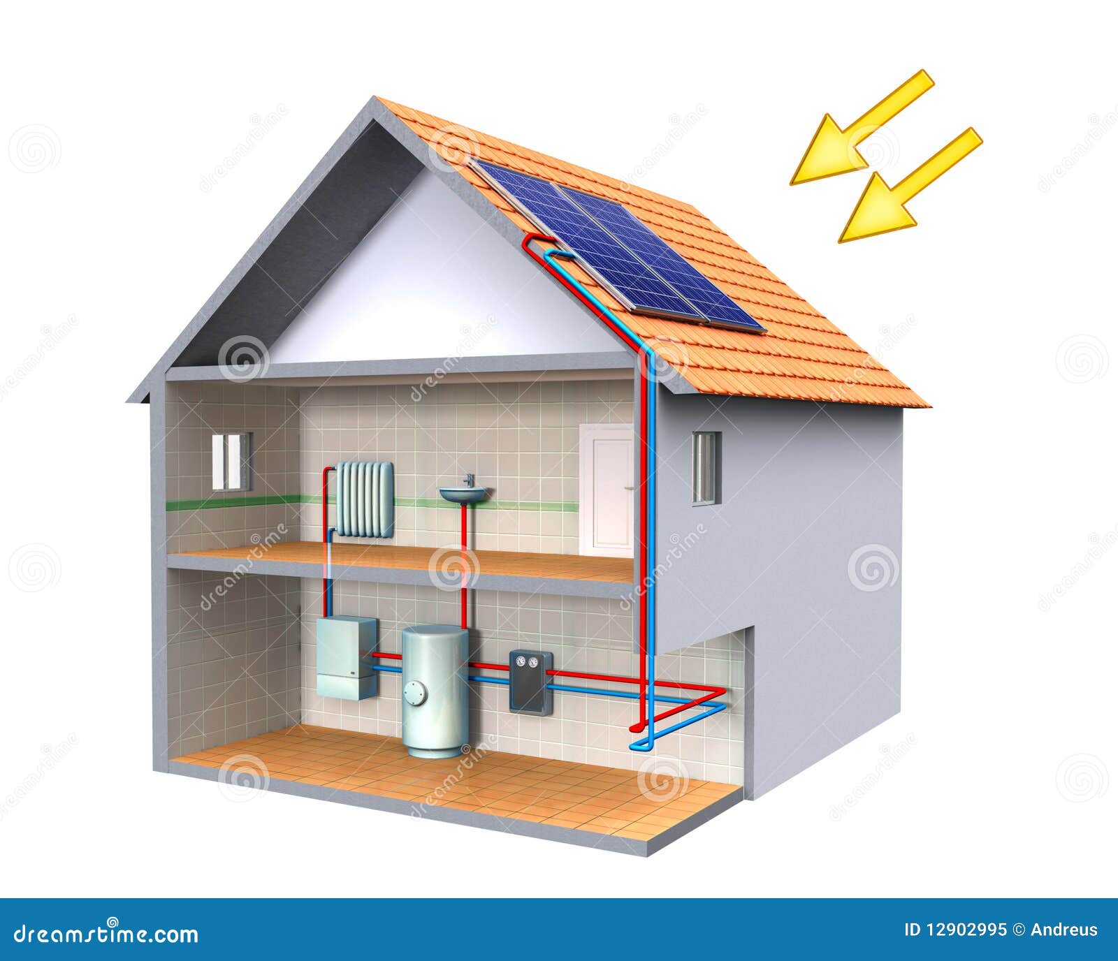 Thermal solare. Sistema energetico termico solare in una casa moderna. Illustrazione di Digitahi, percorso di residuo della potatura meccanica incluso.