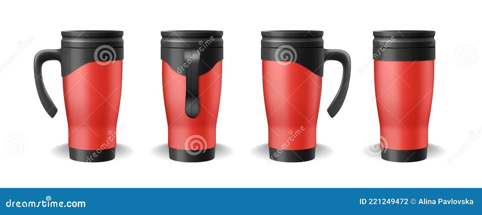 Thermoses and thermo mugs set. Red plastic stainless steel