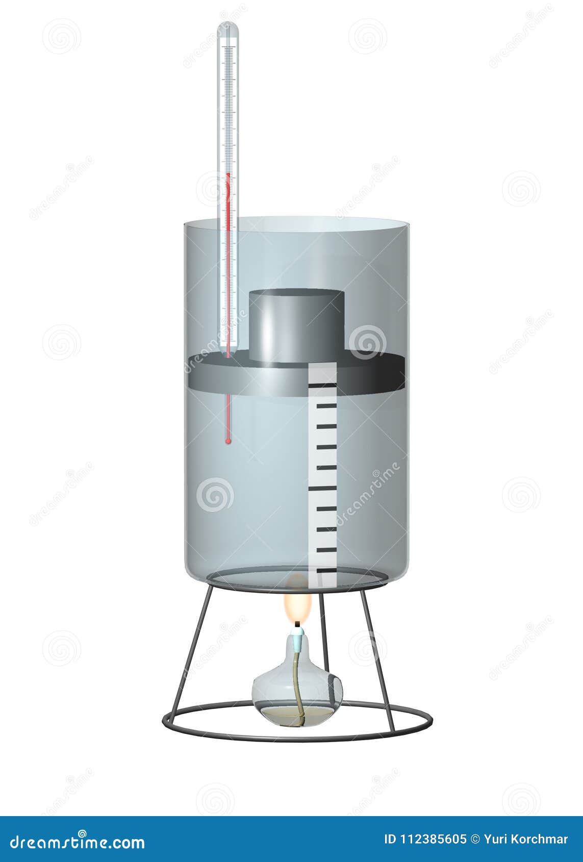 thermometer, burner, piston. science classrooms experiment. isobaric process. gay-lussac`s law.