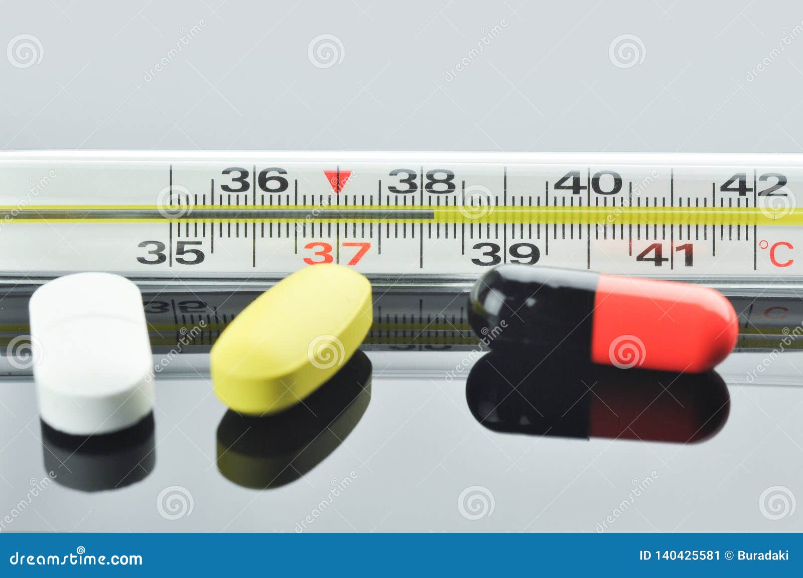 Thermometer and Different Pills and Capsule Stock Image Image of black, healthcare 140425581