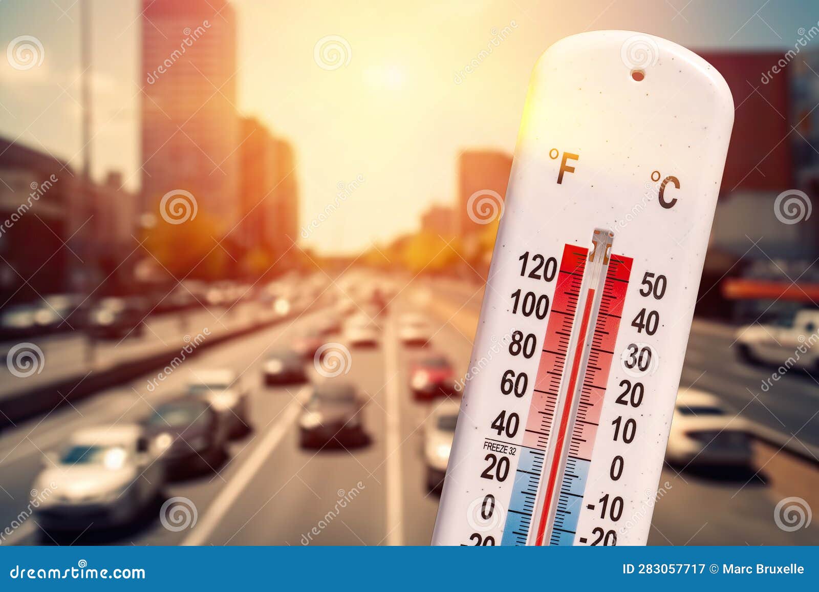 Thermometer in Front of Cars and Traffic Stock Image Image of heating