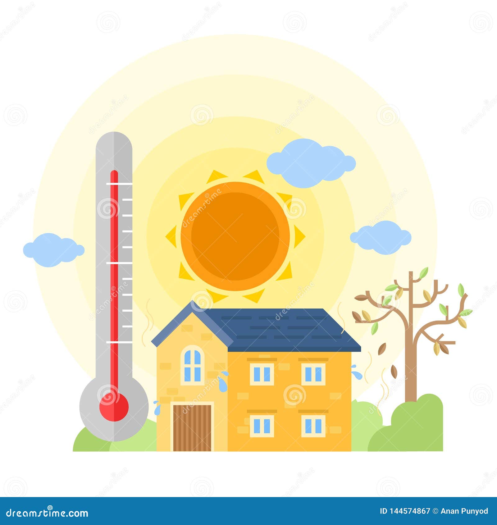 Thermometer Indicating Hot Weather and Summer House Vector Design Stock