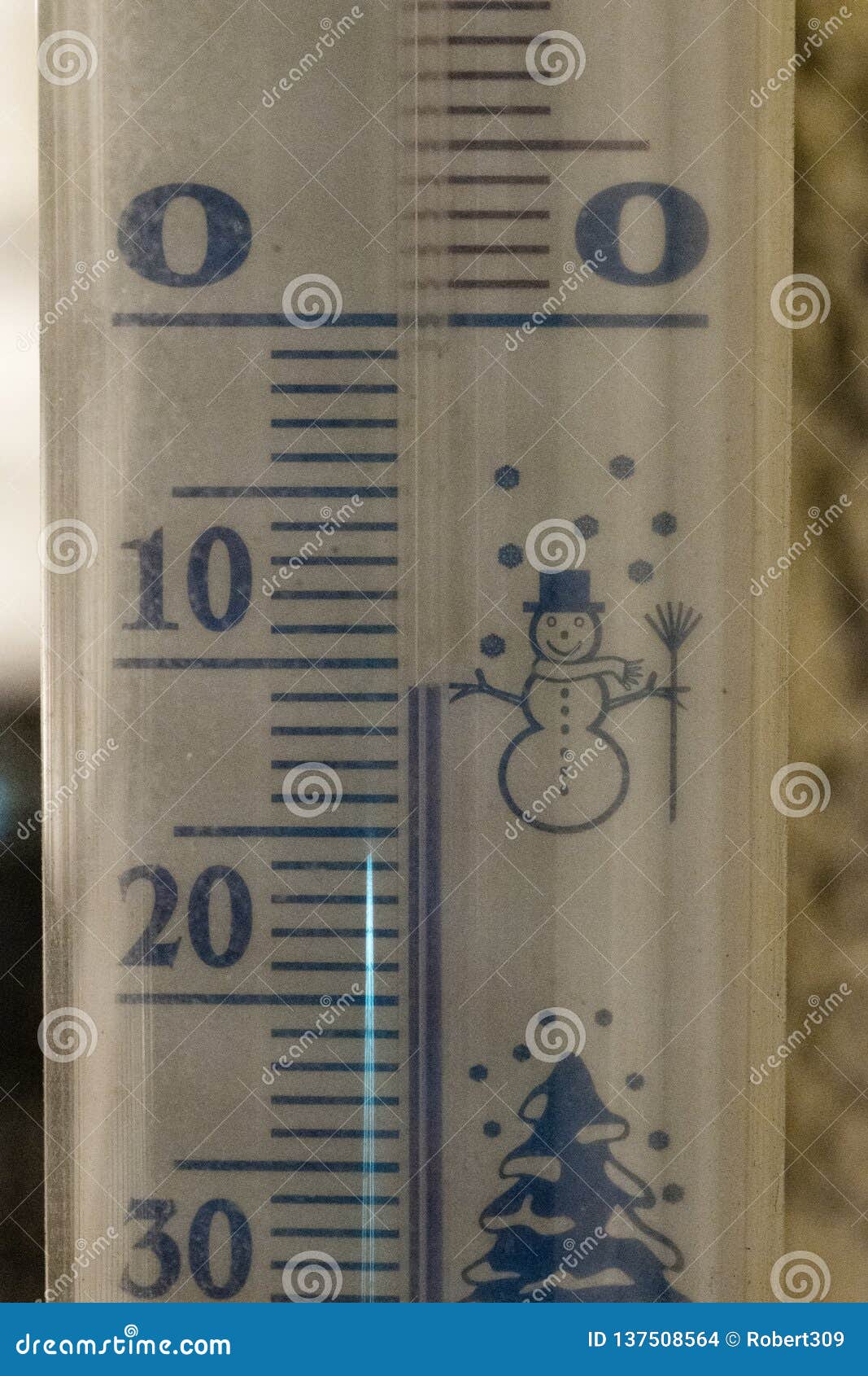 Thermometer Snow Showing Subzero Temperature 11 Degree at Night Stock