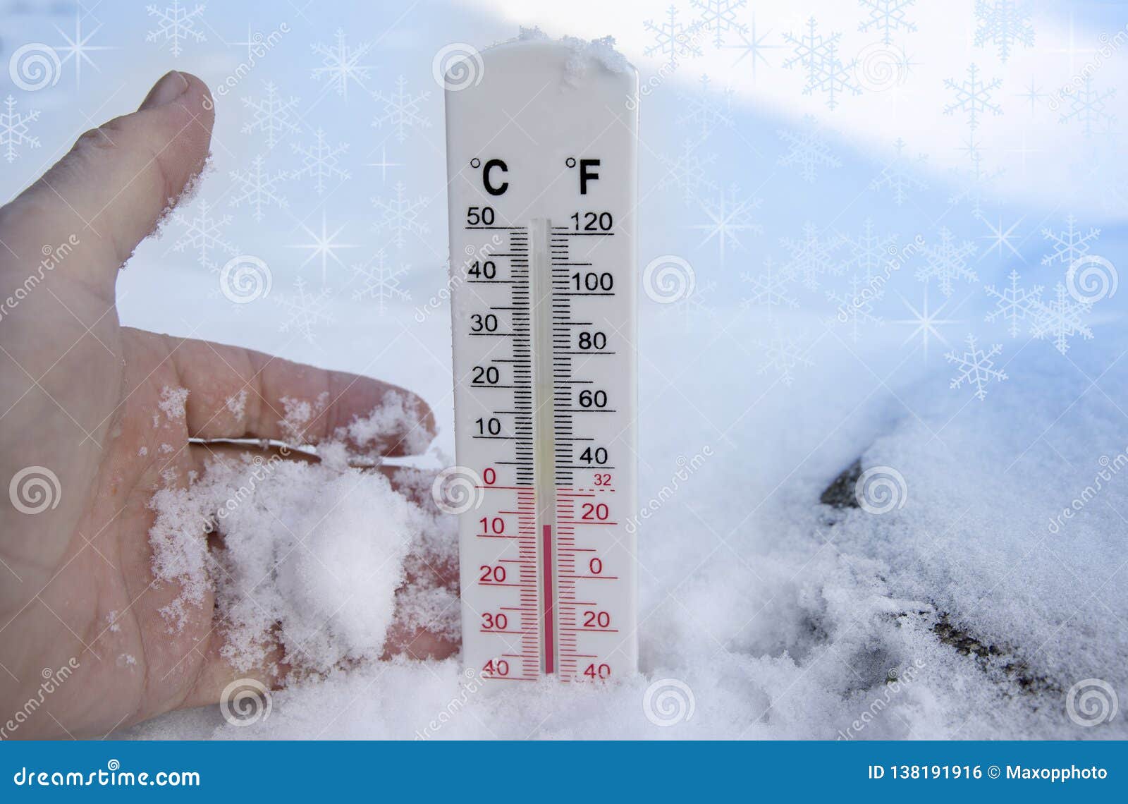 thermometer on snow shows freezing temperature in celsius or farenheit