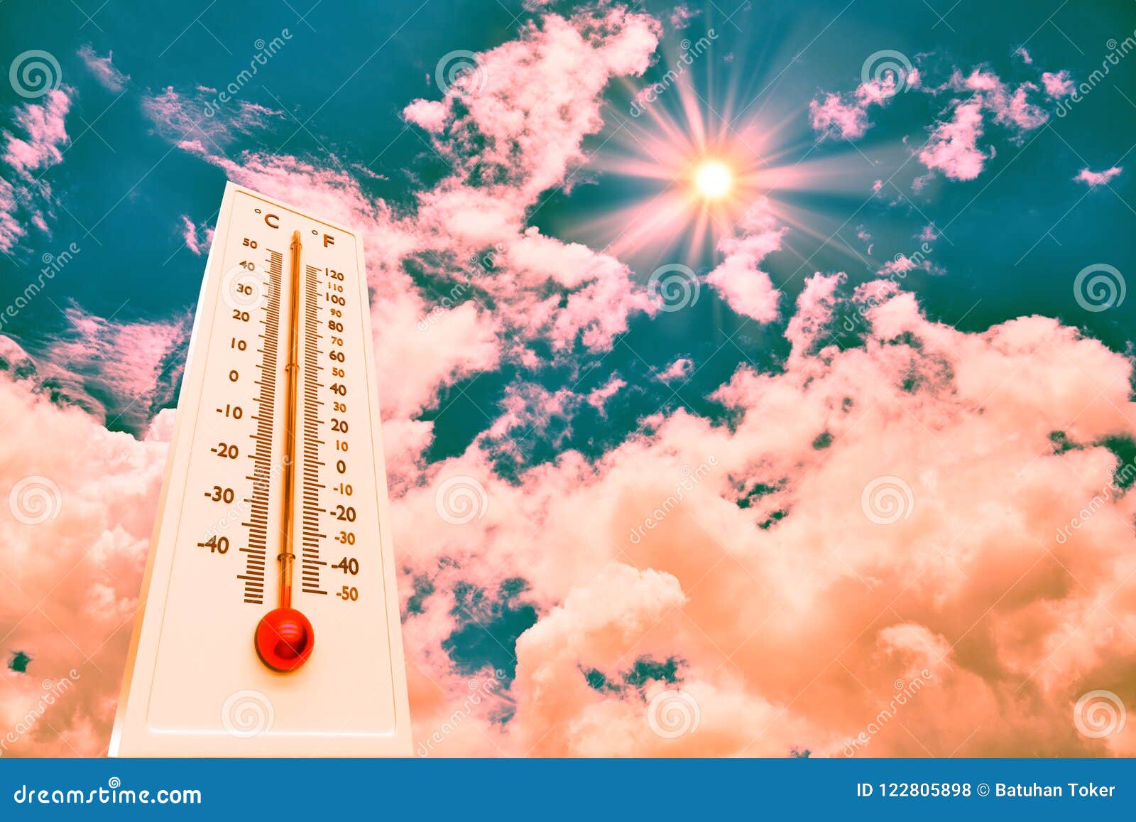 thermometer sun high degres. hot summer day. high summer temperatures