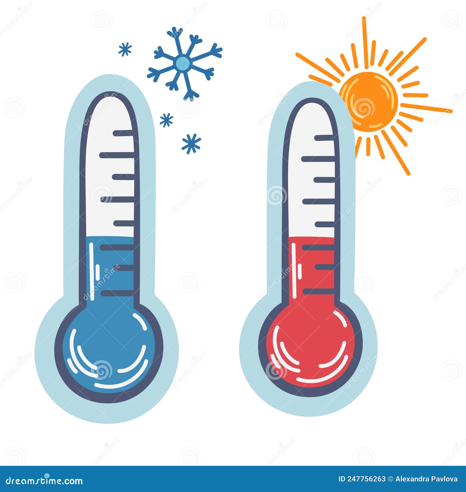 Weather thermometer. Warm and cold temperatures. Vector illustration., Stock vector