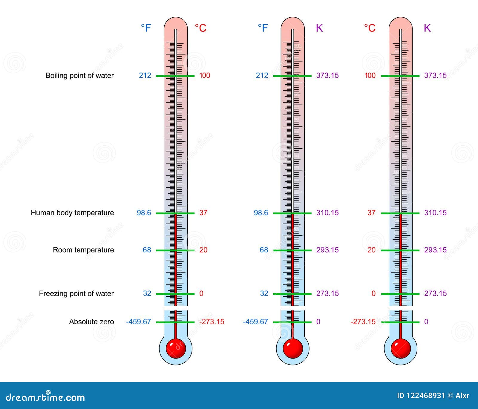 Thermometers Set Fahrenheit Celsius Kelvin Temperature Division Stock