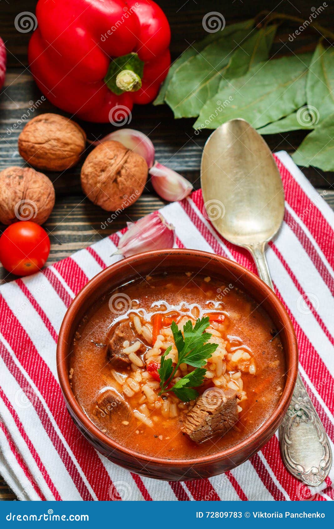 Thick Beef Soup with Rice, Tomatoes, Carrots, Peppers, Walnuts and ...