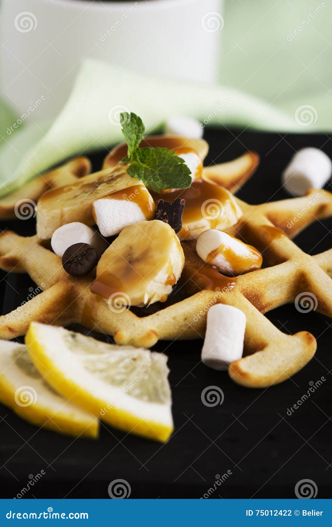 Thick Belgium Waffles with Banana and Marshmallows Stock Photo Image