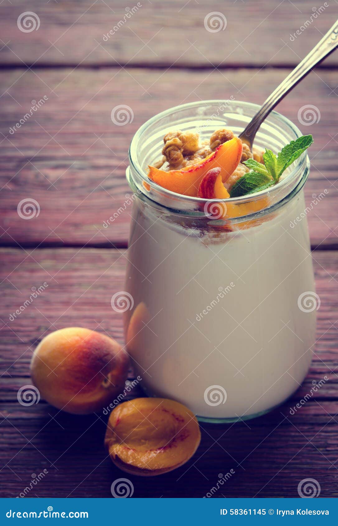 Thick Greek Yogurt with Granola, Peaches and Mint Stock Image Image
