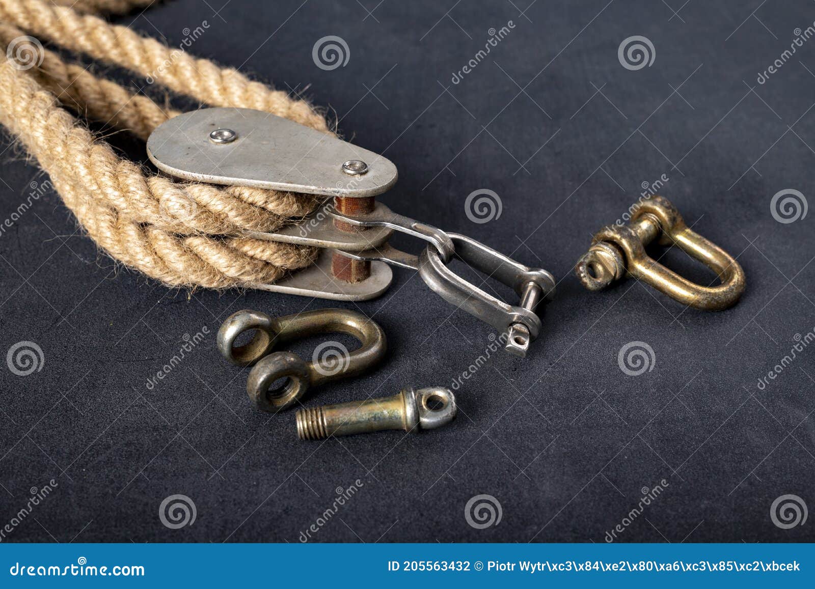 Thick Jute Rope, Two Pulleys and a Shackle. Sailing Accessories