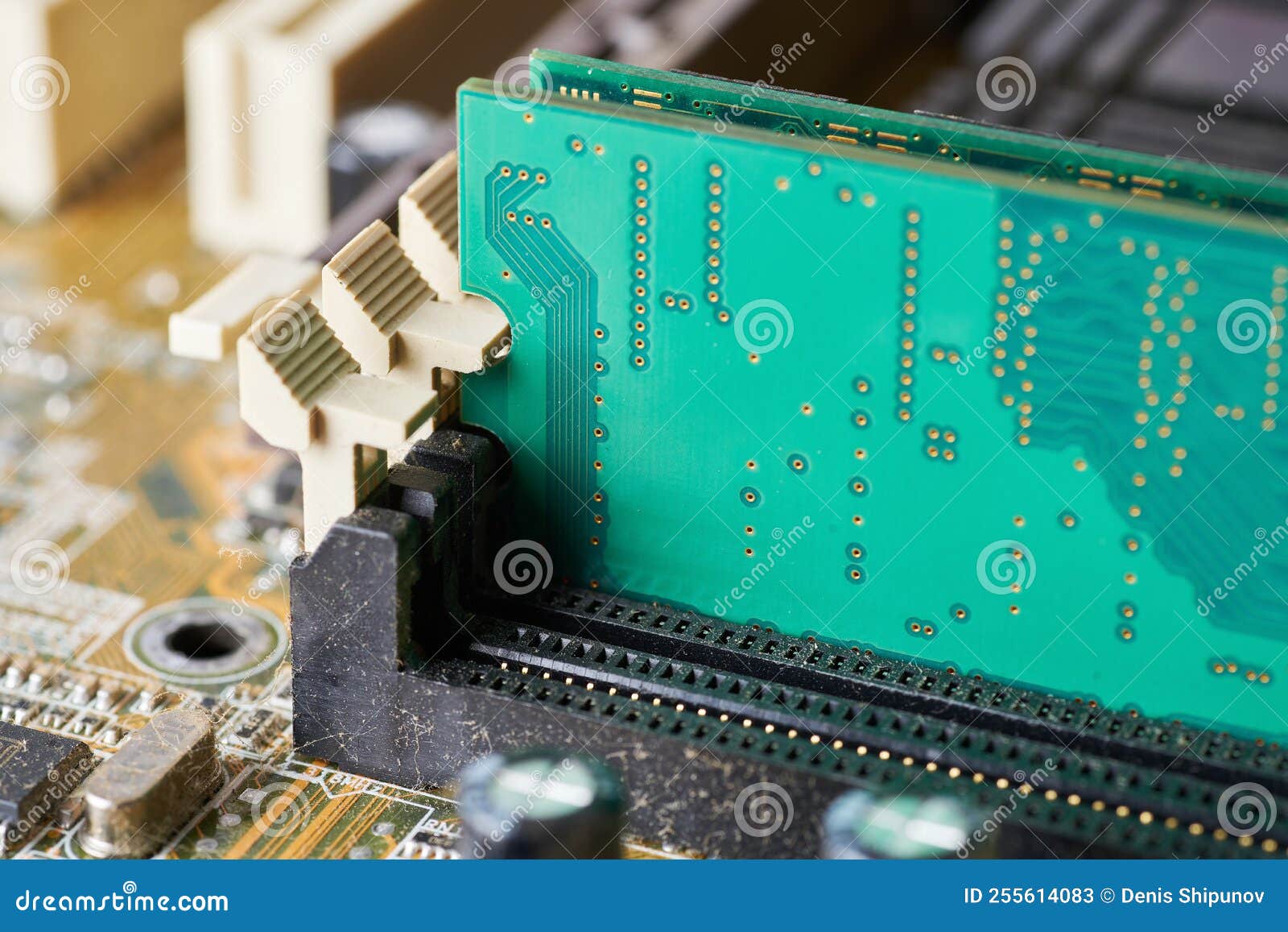 Old Motherboard Covered in Dust and Dirt. Closeup. Stock Image Image