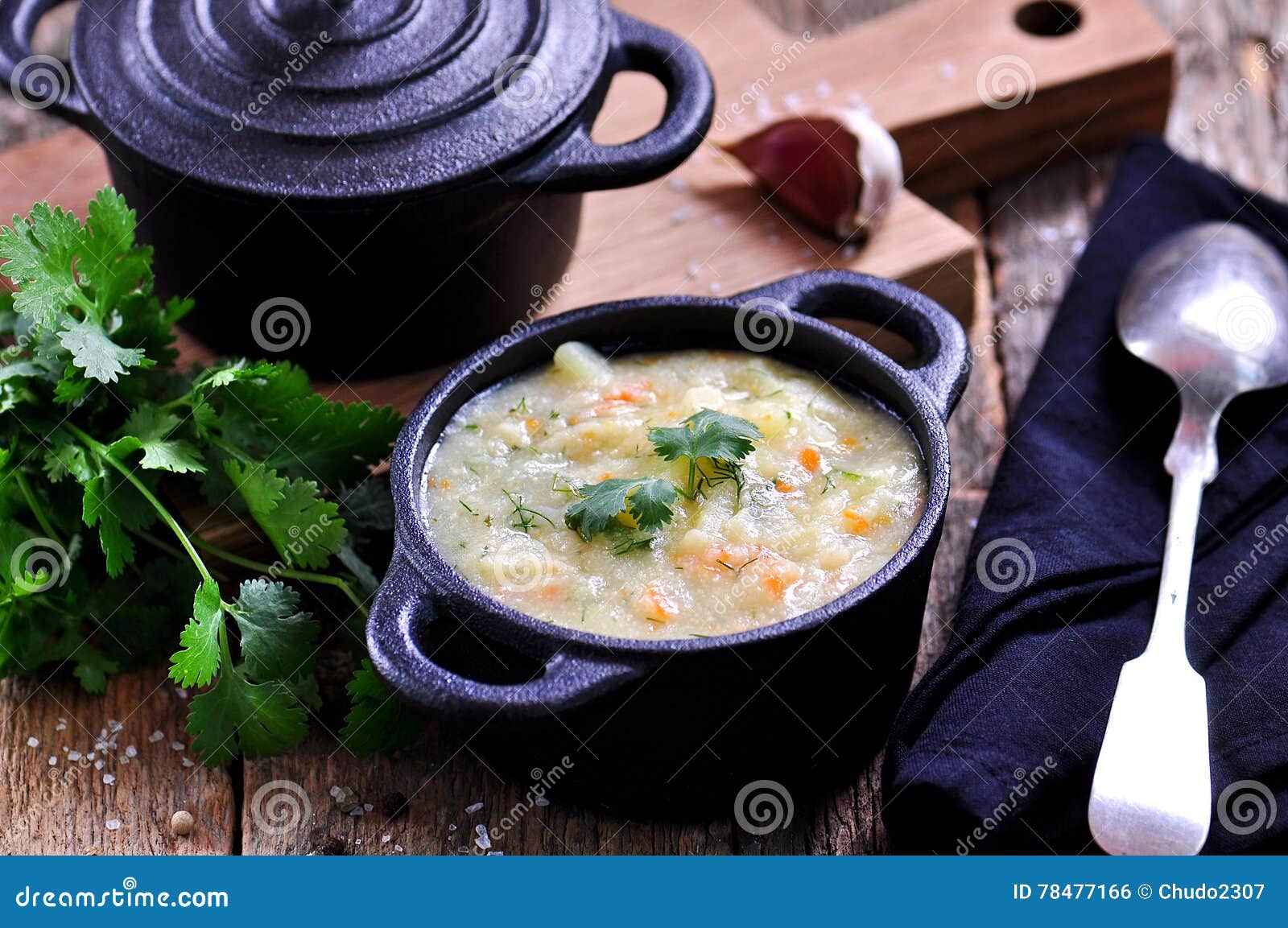 Thick Soup of Corn Grits with Potatoes, Carrots, Garlic, Dill and