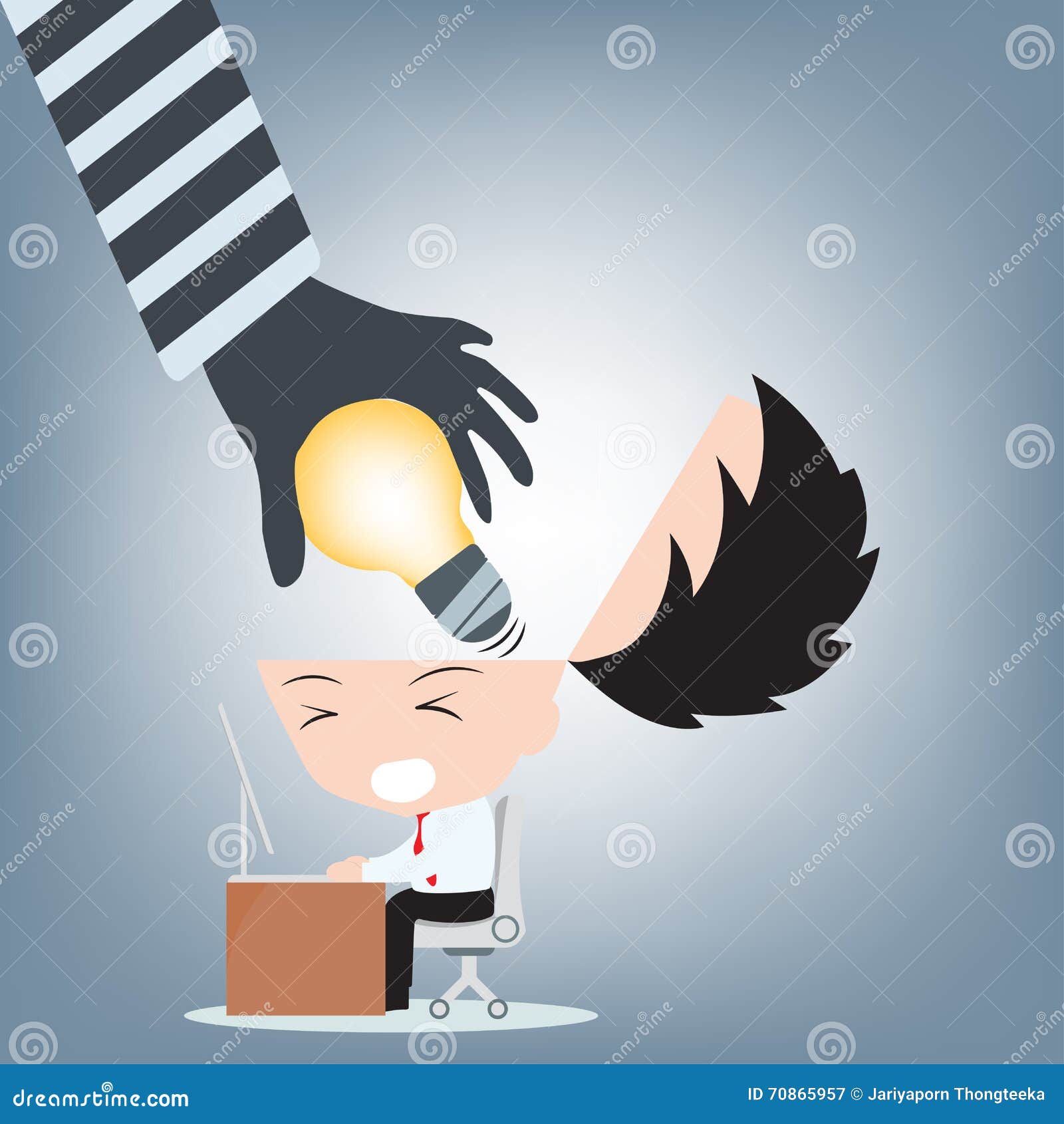thief hand open businessman head and steal light bulb idea from his brain, creative concept   in flat 