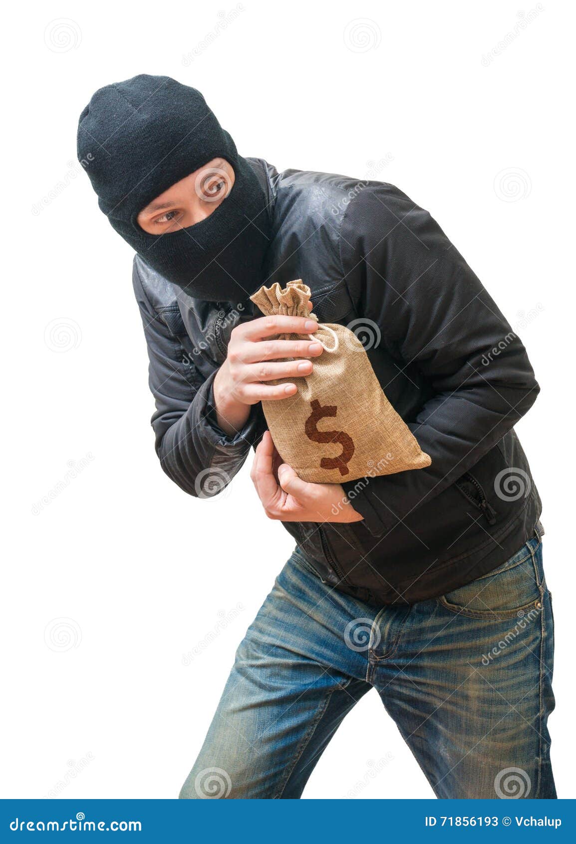 thief or robber is stealing bag full of money with dollar sign