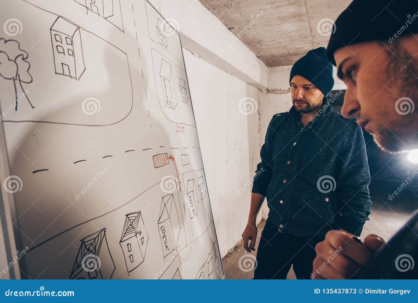 Thiefs Prepare for Heist while Making Plan on a Map Stock Image Image