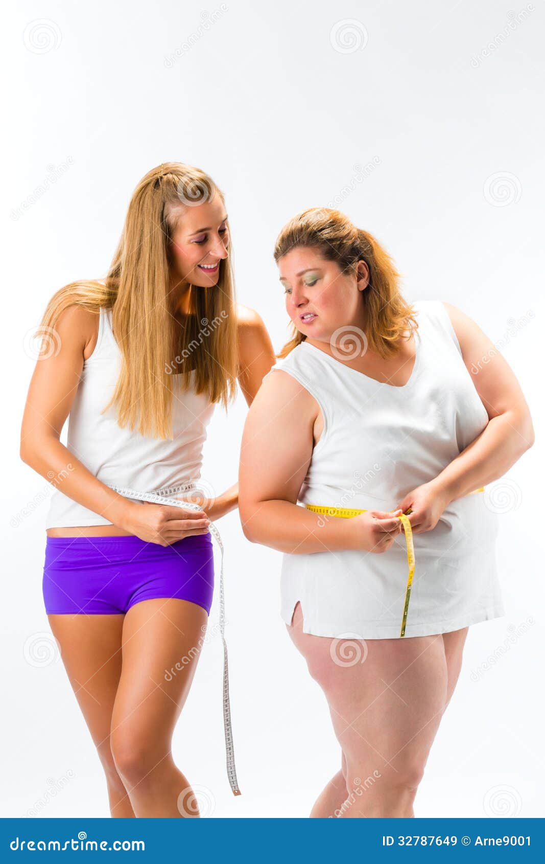 thin and fat woman measuring waist with tape