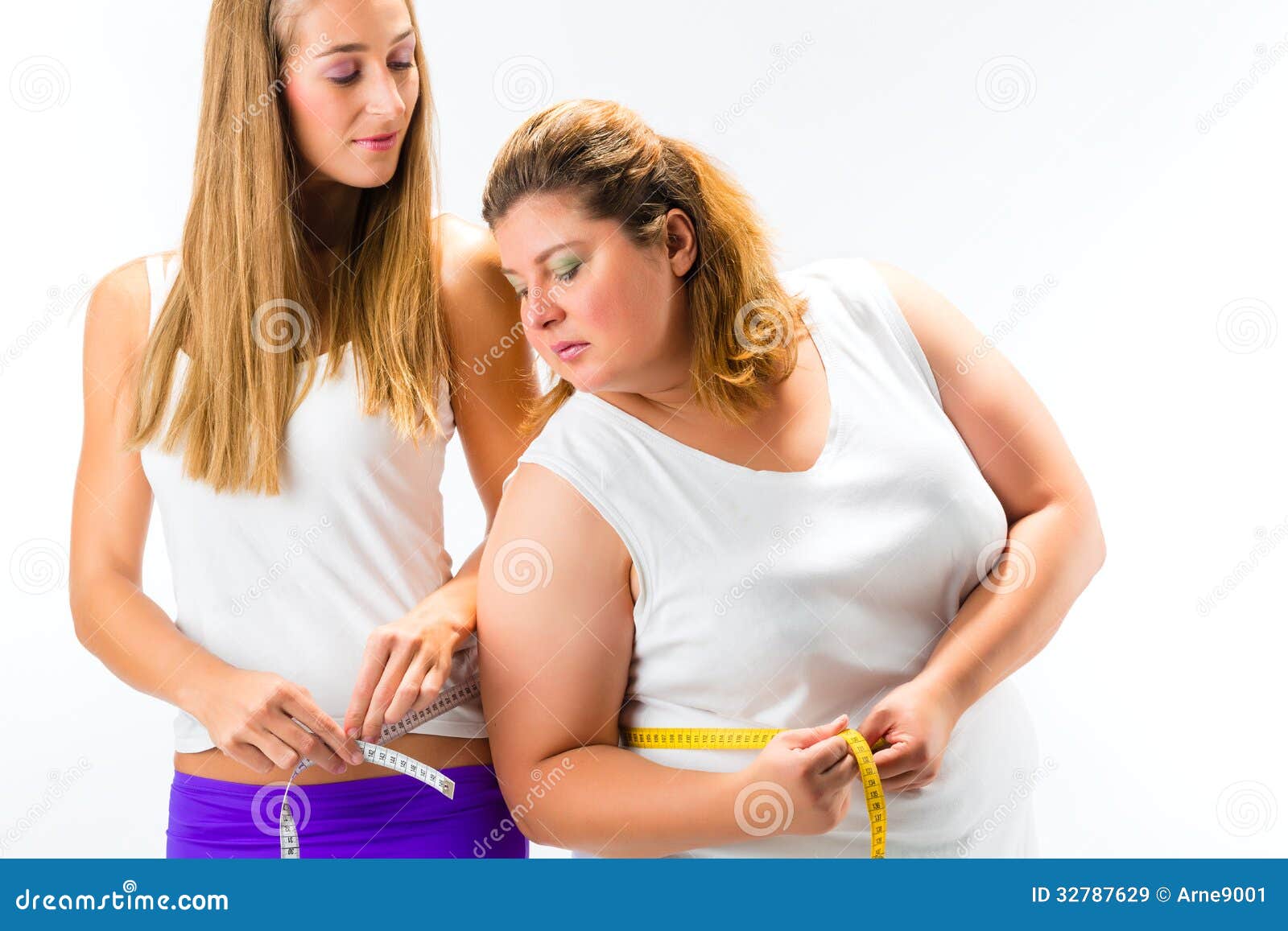 thin and fat woman measuring waist with tape