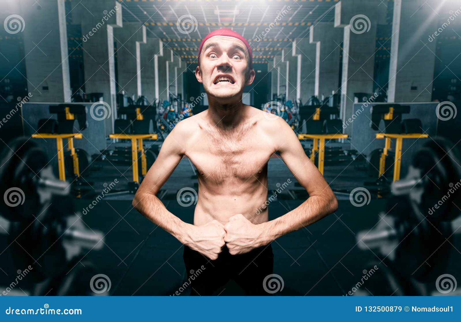 Thin Guy Poses on Workout in Gym, Dystrophic Stock Image - Image of ...