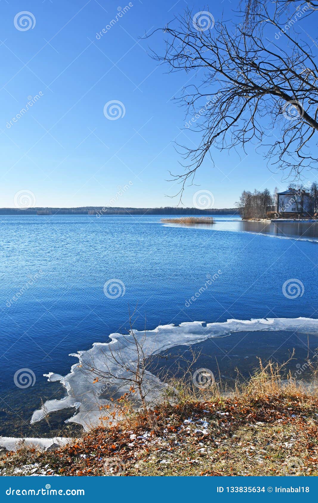 thin ice on the lake uvildy in late autumn in sunny day