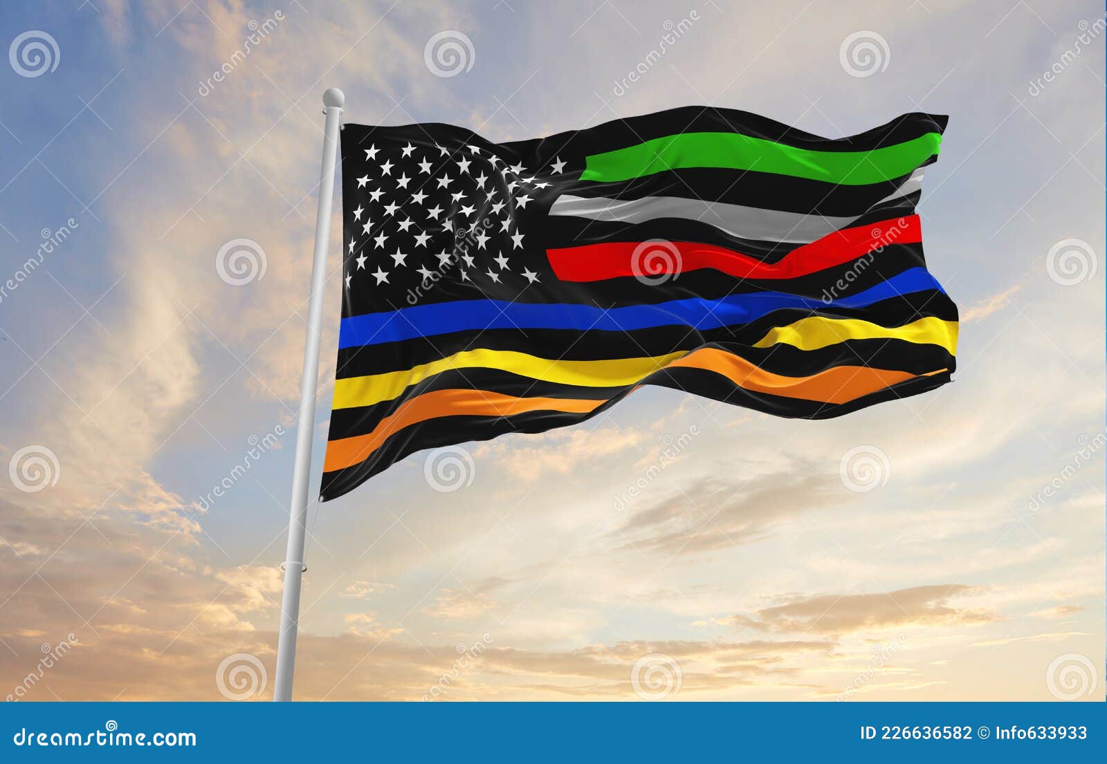 thin line first responder flag waving at cloudy sky background on sunset, panoramic view. copy space for wide banner. 3d