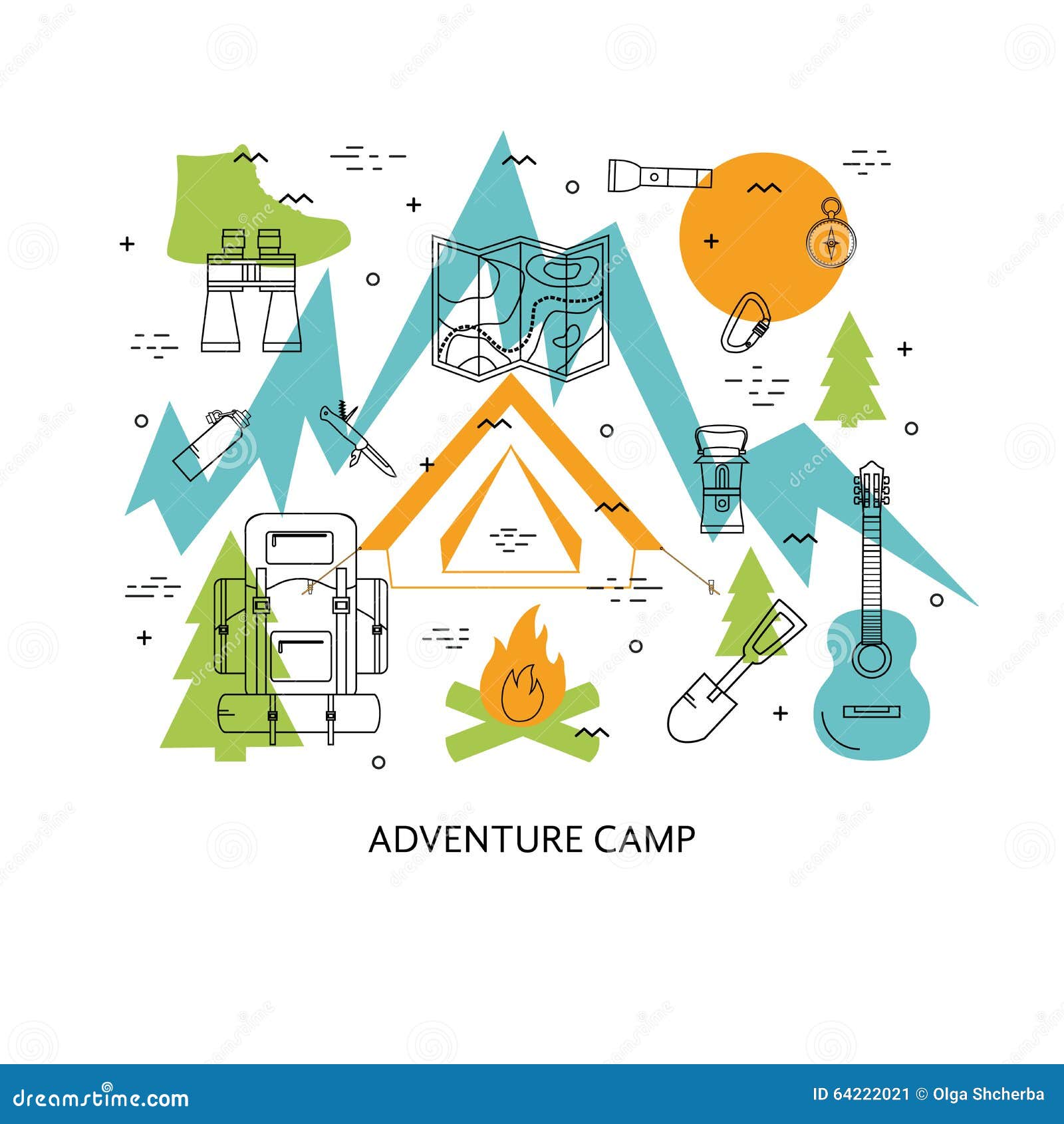 Thin Line Flat Design of Camping Stock Vector - Illustration of flat ...