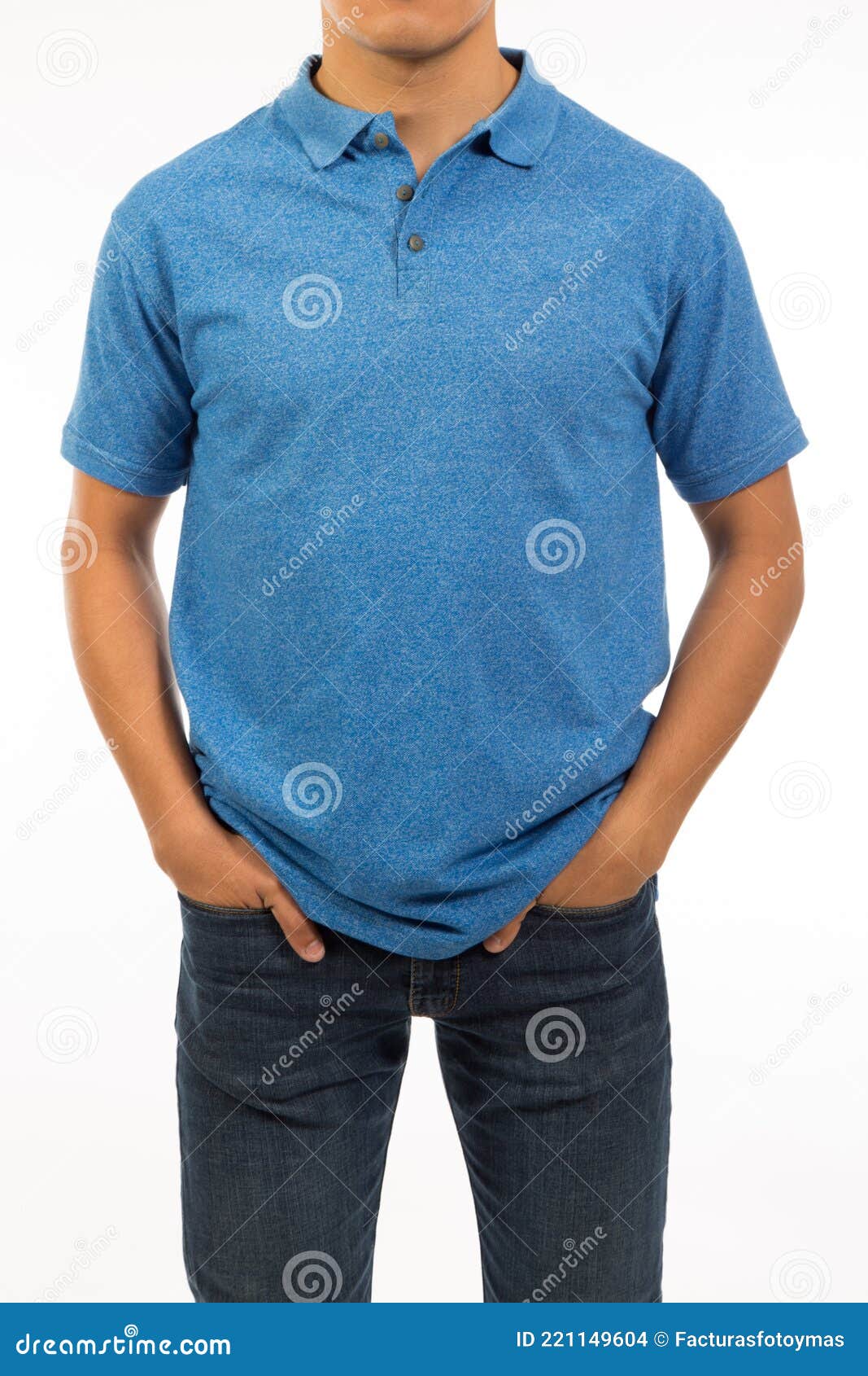 A Thin Teenager in a Cobalt Blue Shirt with Short Sleeve and Denim ...