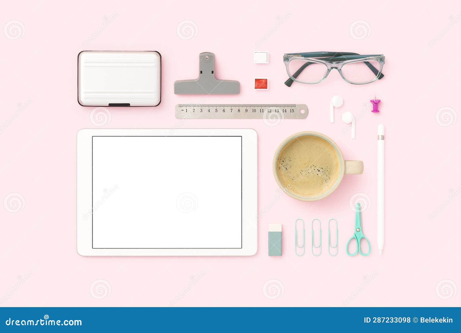 things on my desk flat lay, dital tablet mockup with stationery