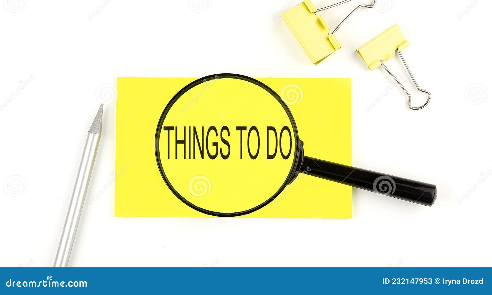 THINGS TO DO Text on the Sticker through Magnifier. View from Above