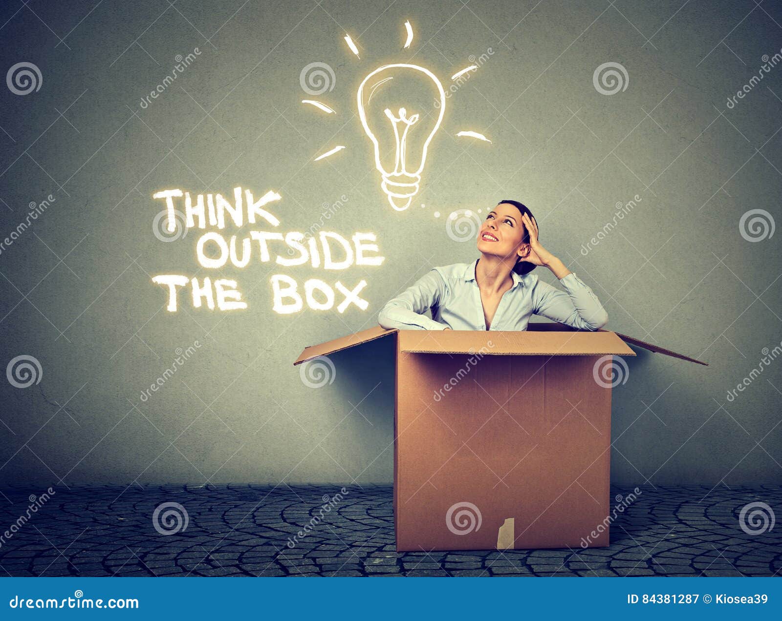 think outside box. woman coming out of box with great idea