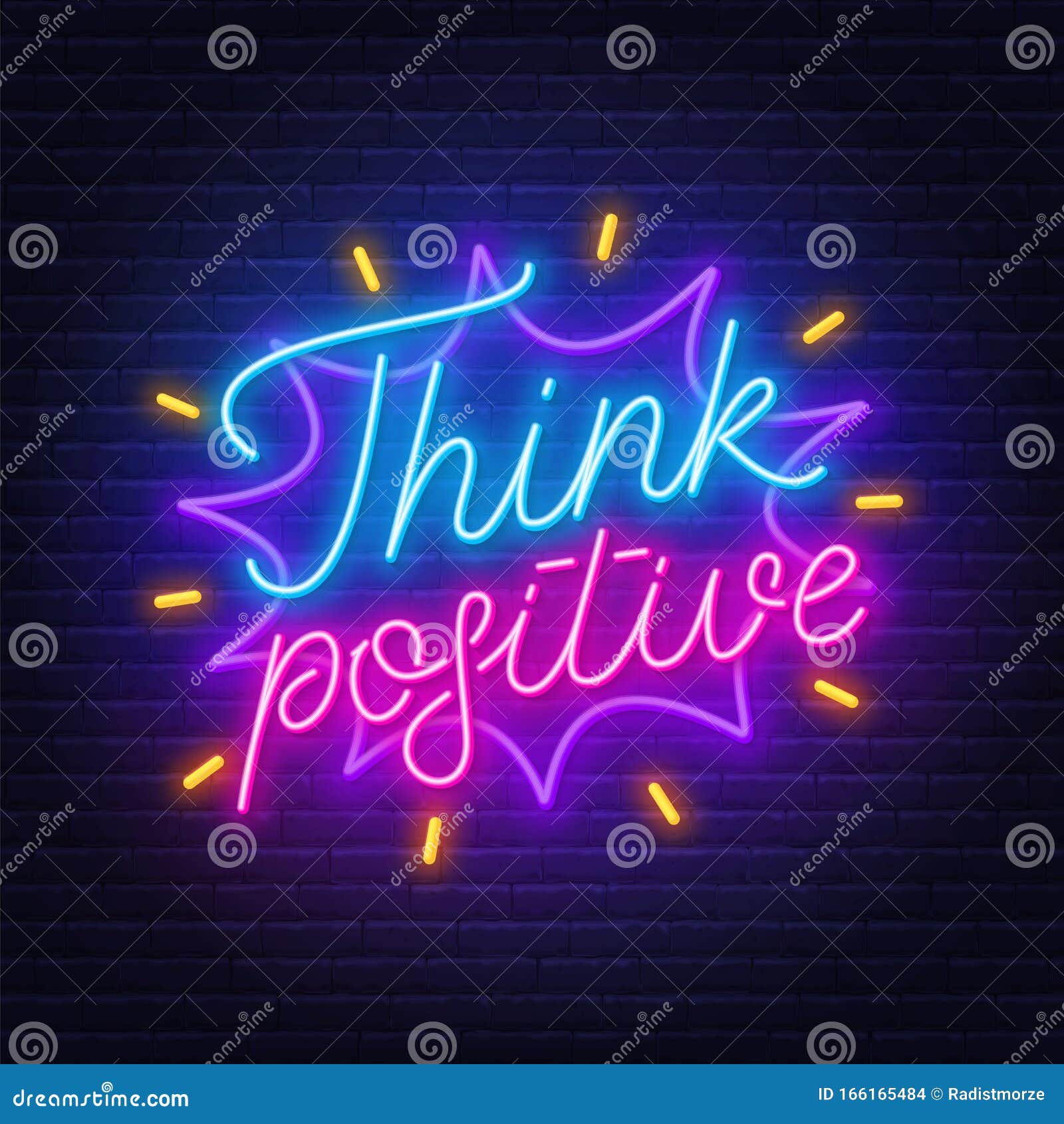 Think positive neon lettering on brick wall background.