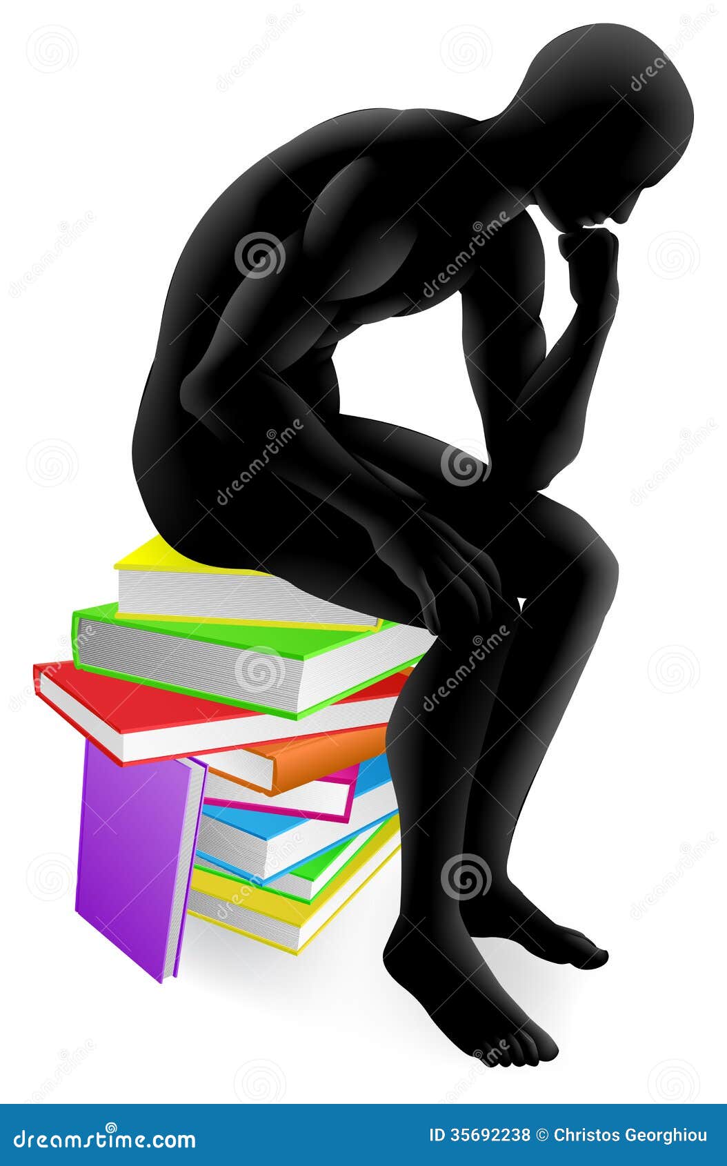 A Person Thinking In Thinker Pose While Sitting On A Pile Of Books Concept  Illustration Royalty Free SVG, Cliparts, Vectors, and Stock Illustration.  Image 24197380.