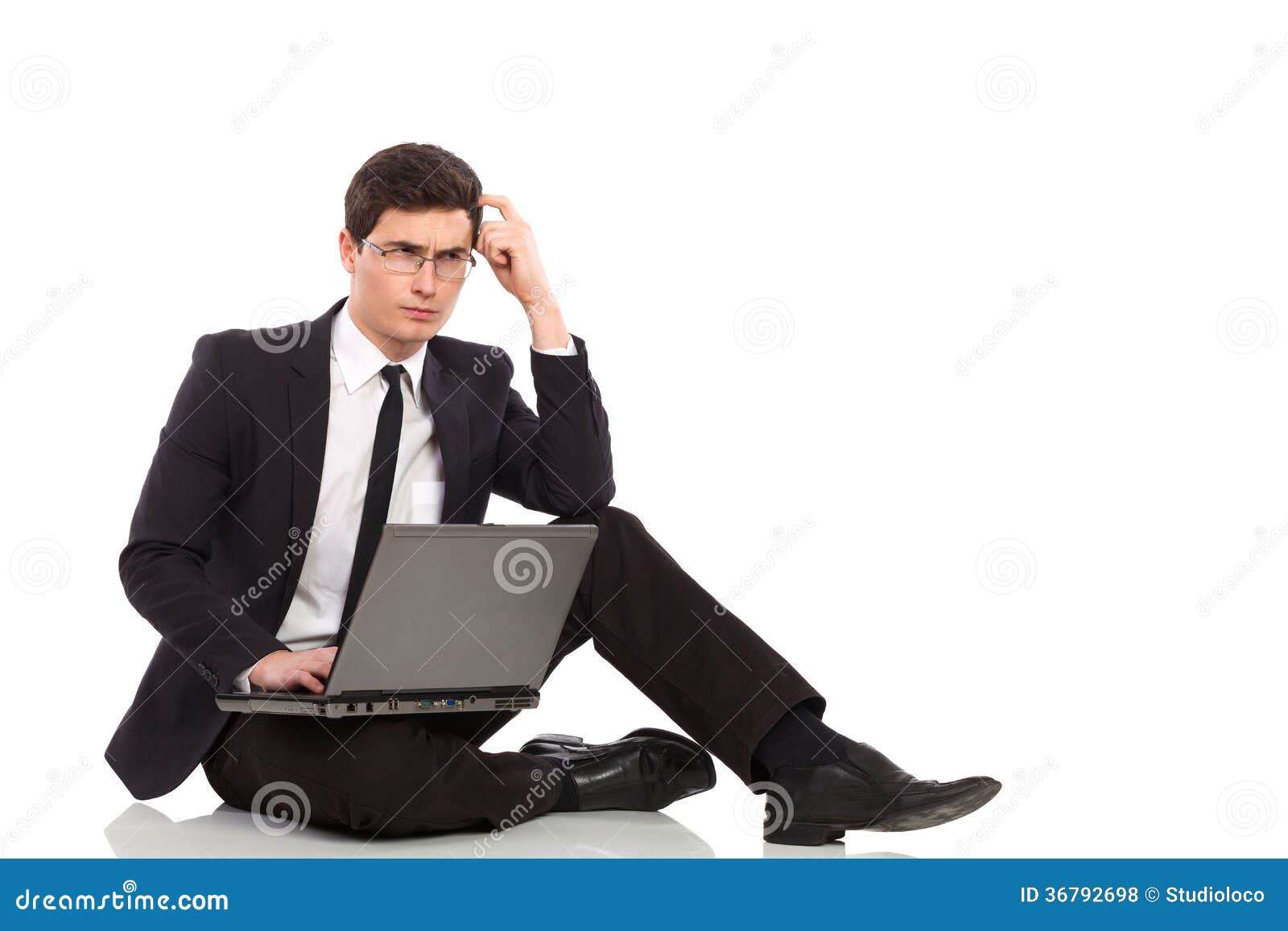 Image result for man thinking laptop "stock photo"