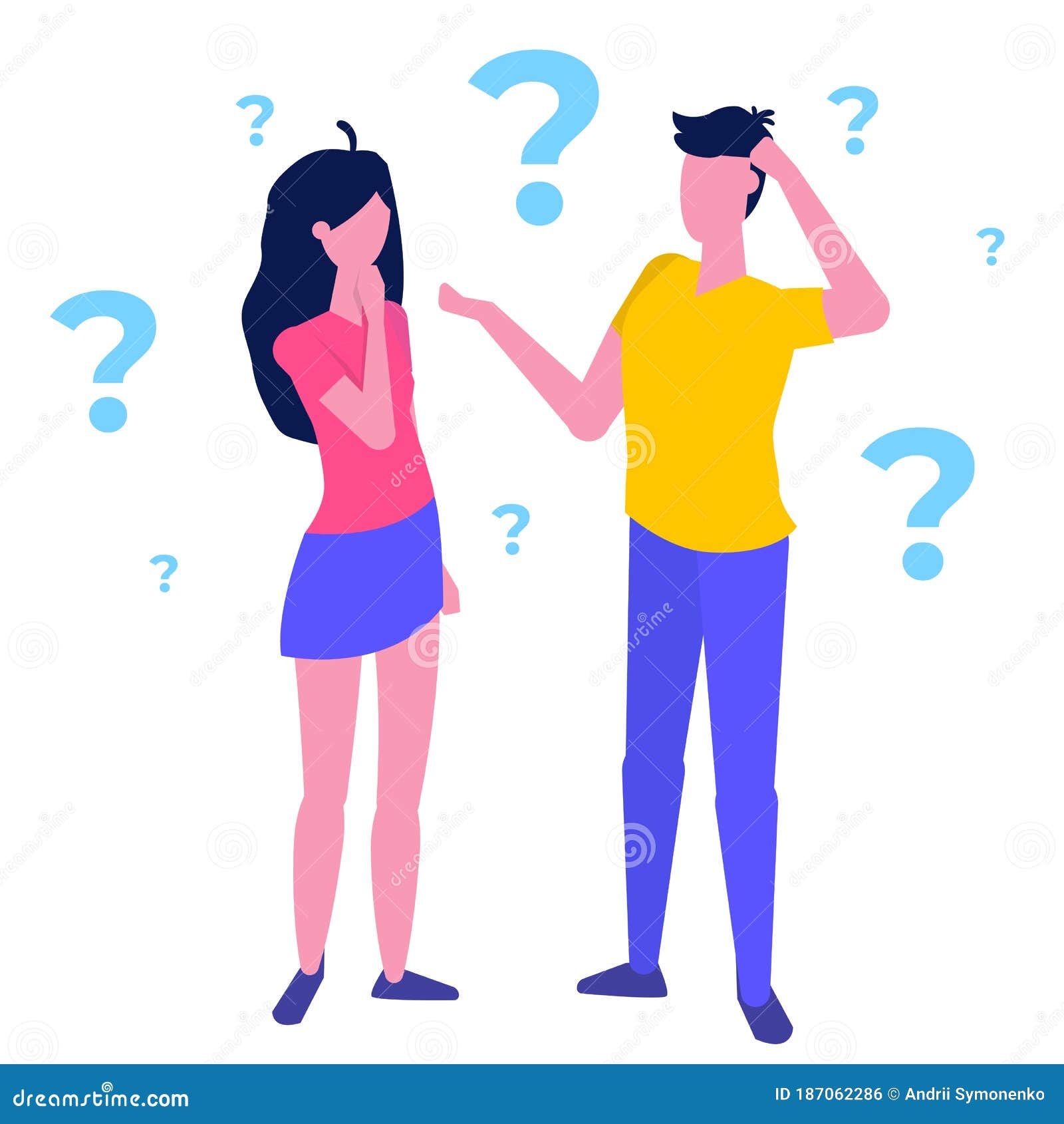 Thinking Couple Woman And Man With Question Marks Thinking Together Stock Vector
