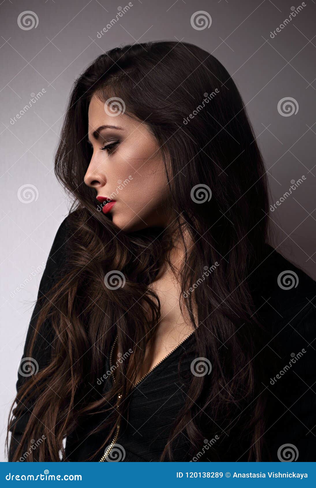 Thinking Emotional Beautiful Woman in Profile Looking Down with Stock Image  - Image of adult, female: 120138289