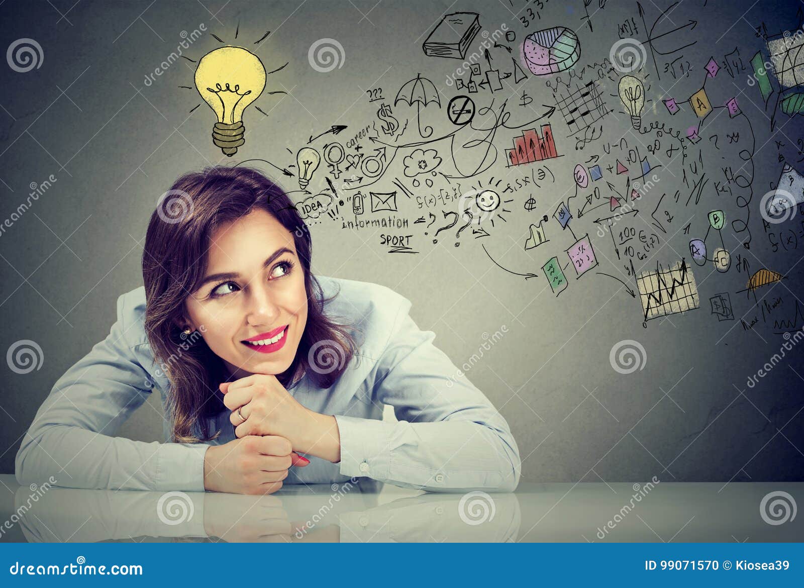 thinking happy young business woman sitting at desk planning