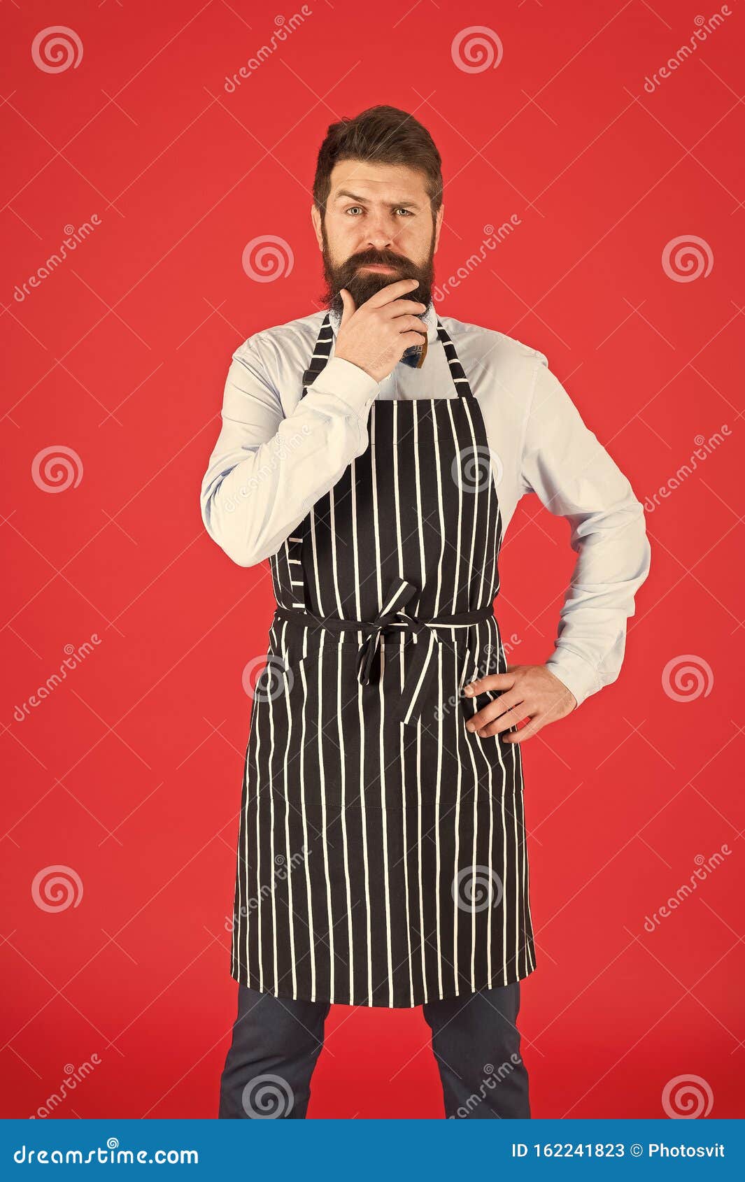 Thinking About New Recipe Elegant Waiter Man Or Bartender Bearded Man Wearing Bib Apron Stock 