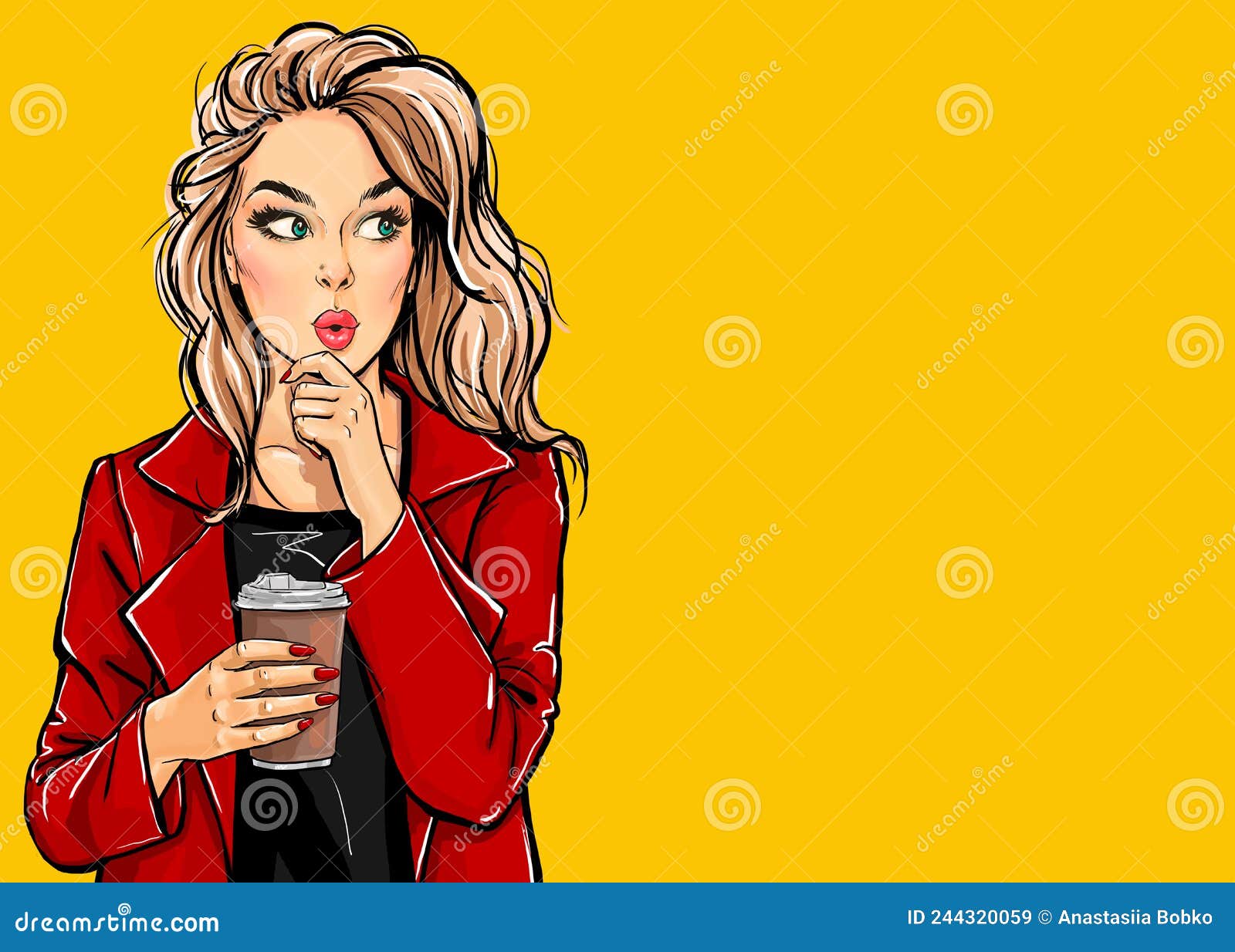 thinking pop art woman with coffee cup. advertising poster or party invitation with sexy girl with amazed face