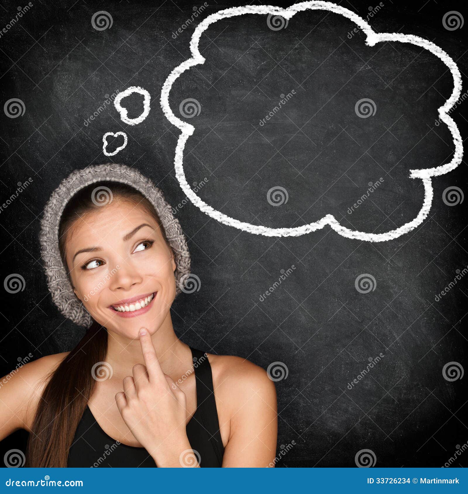 thinking student hipster woman blackboard thought bubble speech balloon multiracial university college 33726234