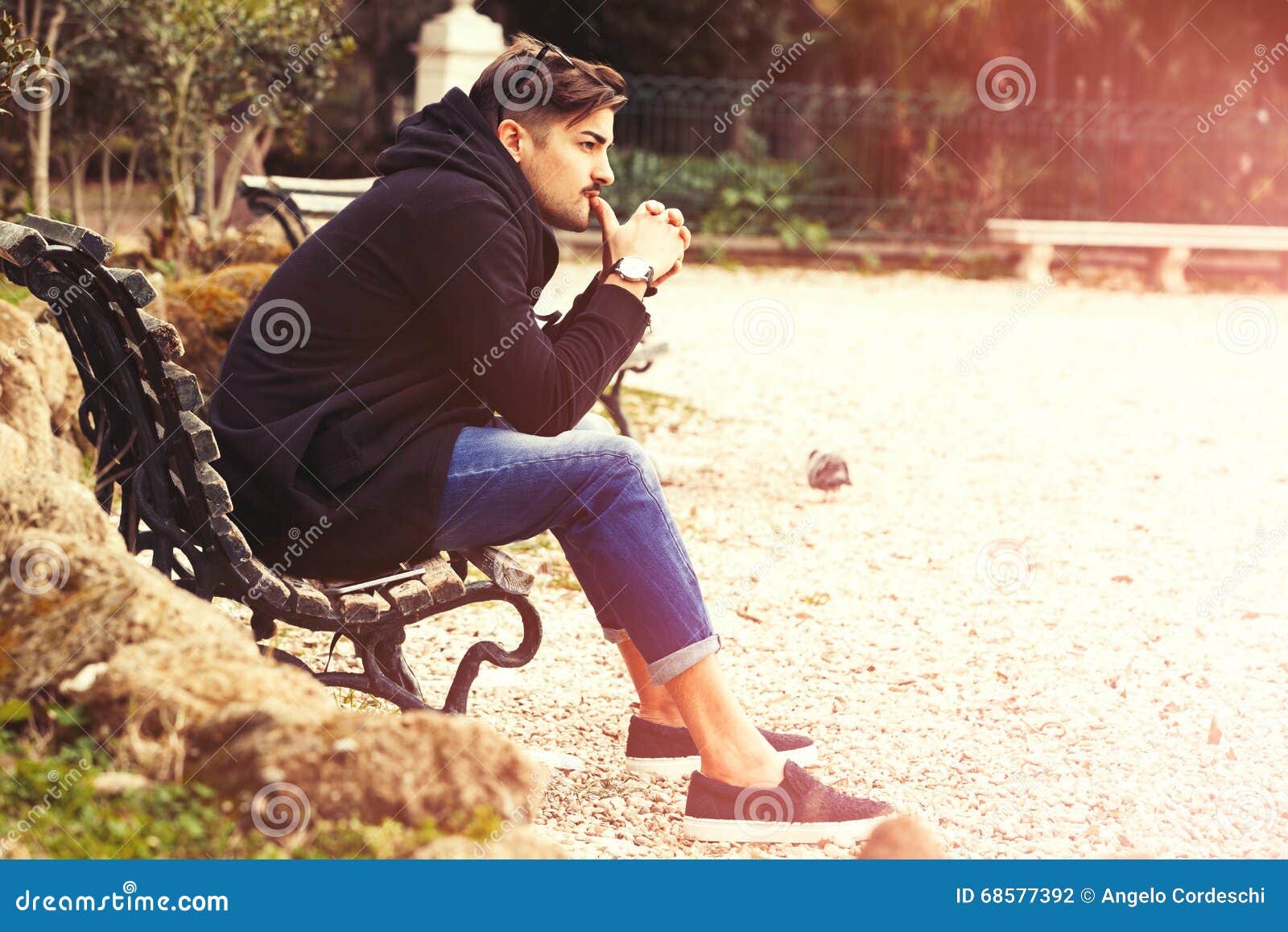 Thinking, Thoughtful Handsome Man on the Bench. Outdoors Stock ...