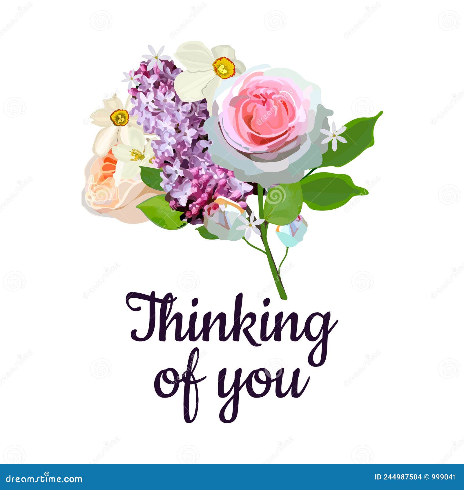 Thinking Of You Card Bouquet Of Roses Lilacs Narcissus Vector