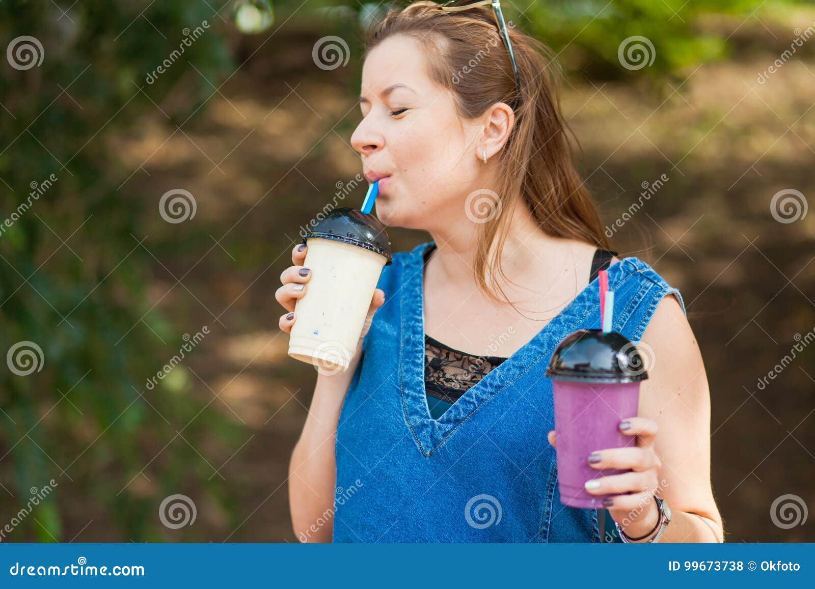 Thirsty Woman Drink Fresh Tasty Smothie Outdoors. Stock Photo - Image ...