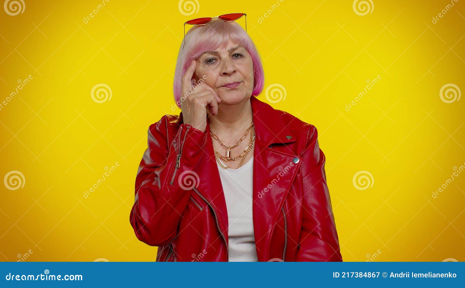 Thoughtful Clever Senior Old Grandma Woman Rubbing Her Chin Pondering A Solution Doubting