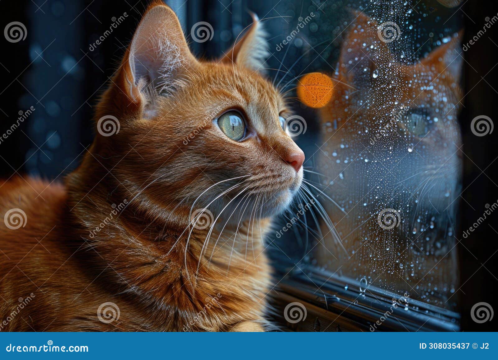 a thoughtful domestic cat gazes out the window with striking amber eyes, its whiskers catching the light, illustrating