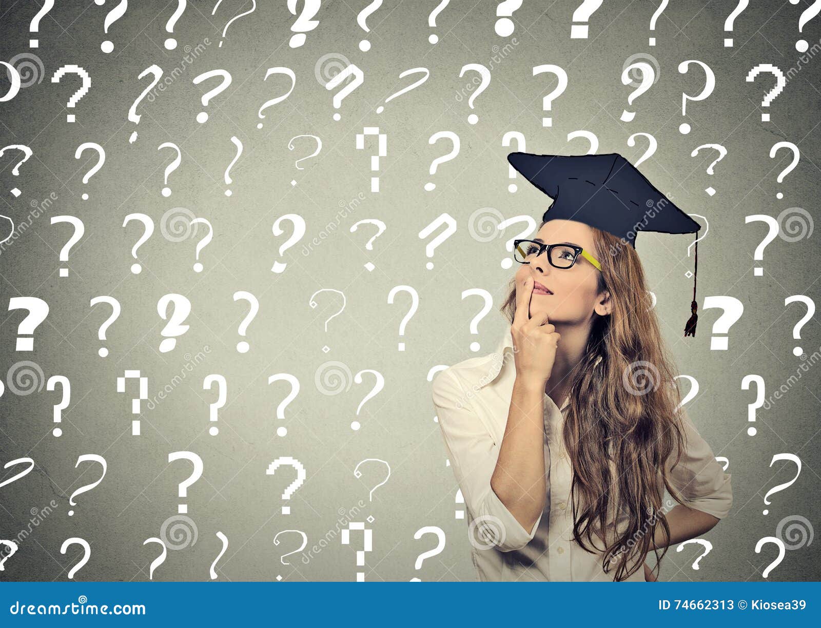 thoughtful graduate student woman with many question marks above head