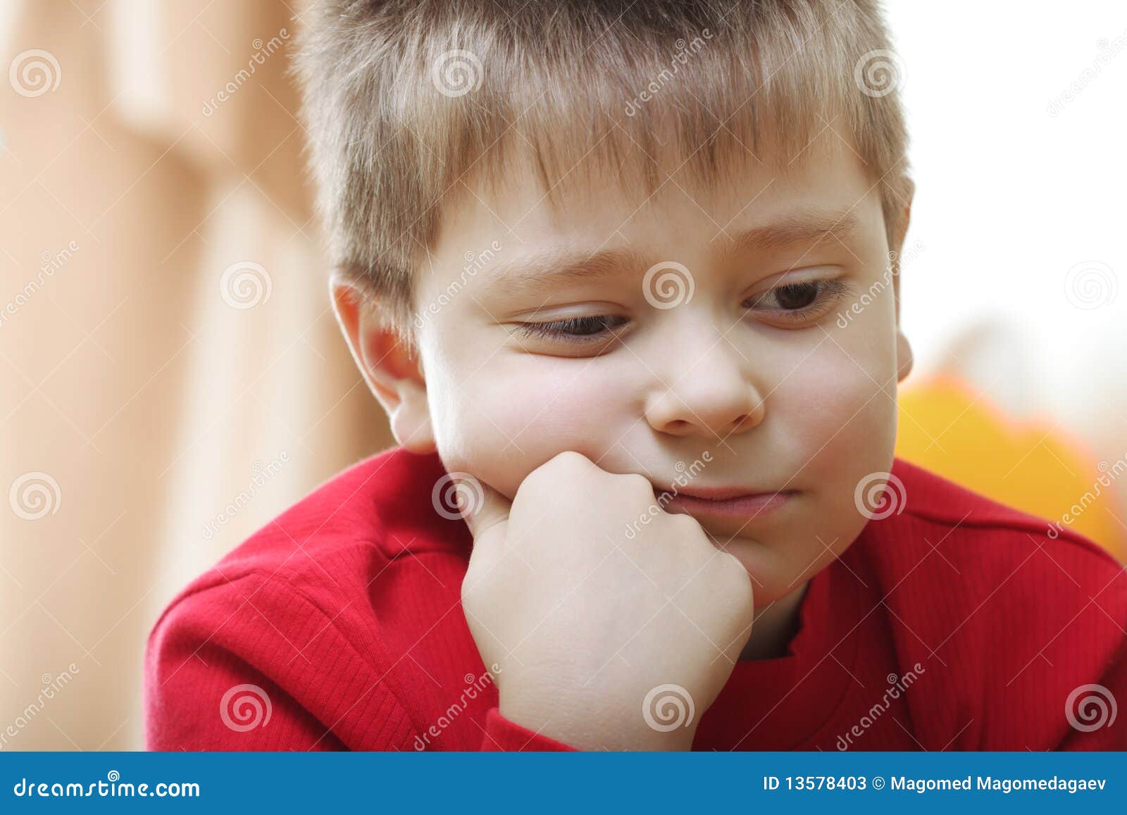 Thoughtful kid in red stock image. Image of thoughtful 13578403