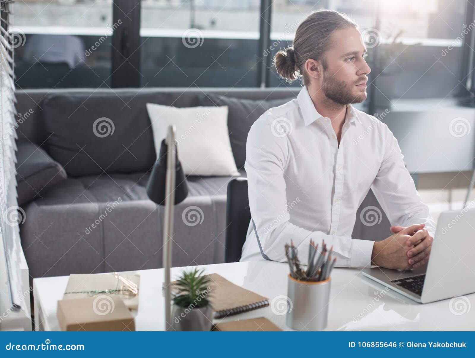Considerate Guy Working in the Office Stock Photo Image of computer
