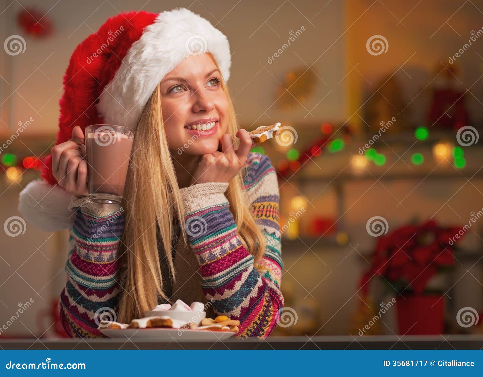 Thoughtful Teenage Girl in Santa Hat with Cup of Hot Chocolate and ...